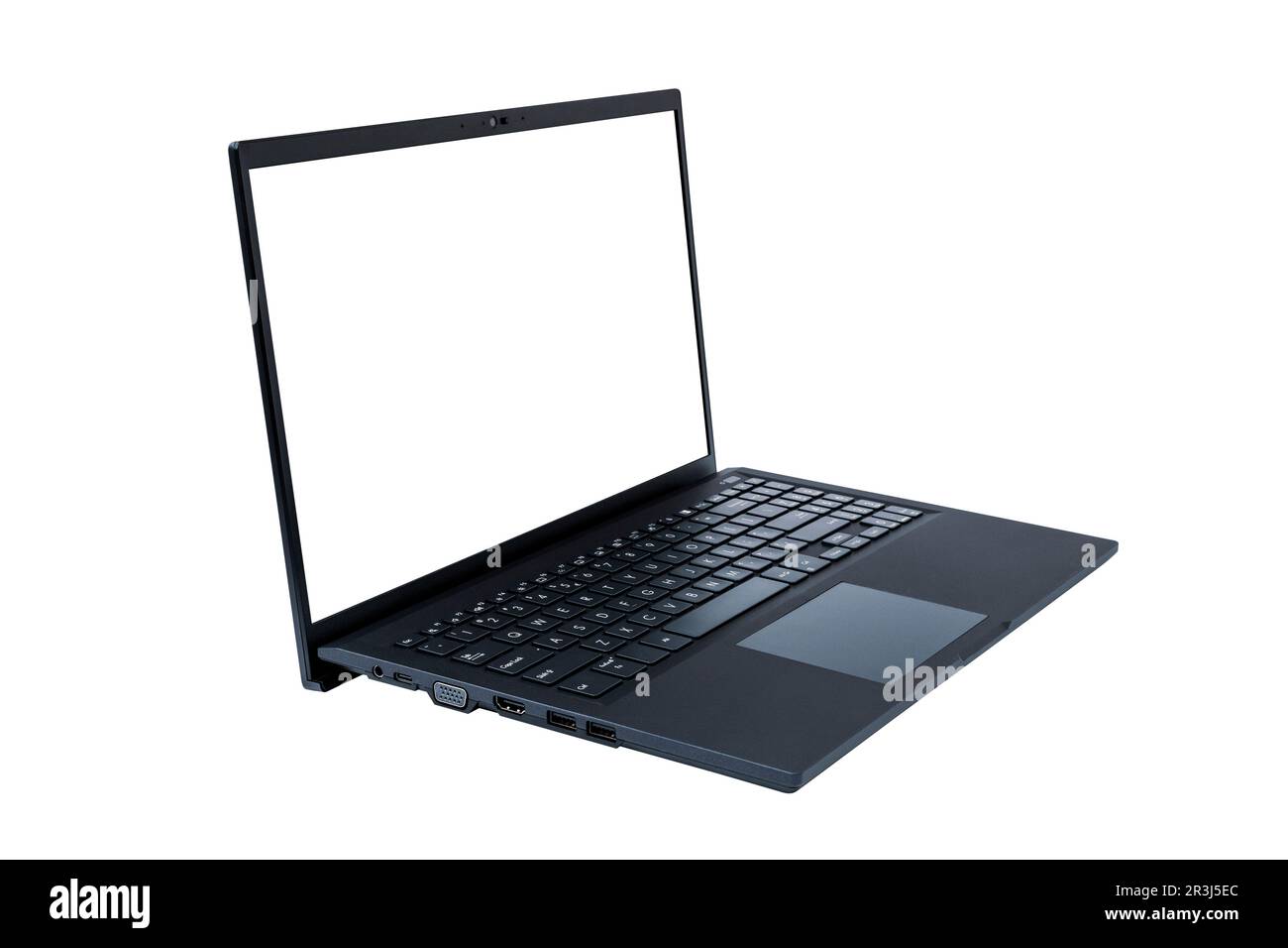 Modern dark blue laptop with blank screen isolated on white background