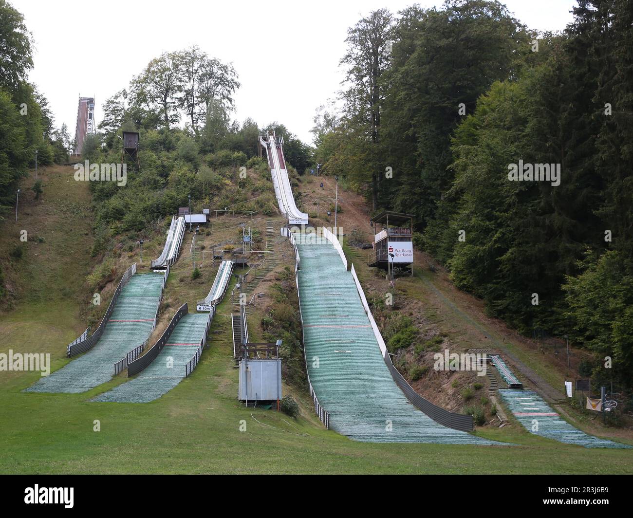 View of the ski jumping facility Alte Ruhl in the town of Ruhla in the Thuringian Forest Stock Photo