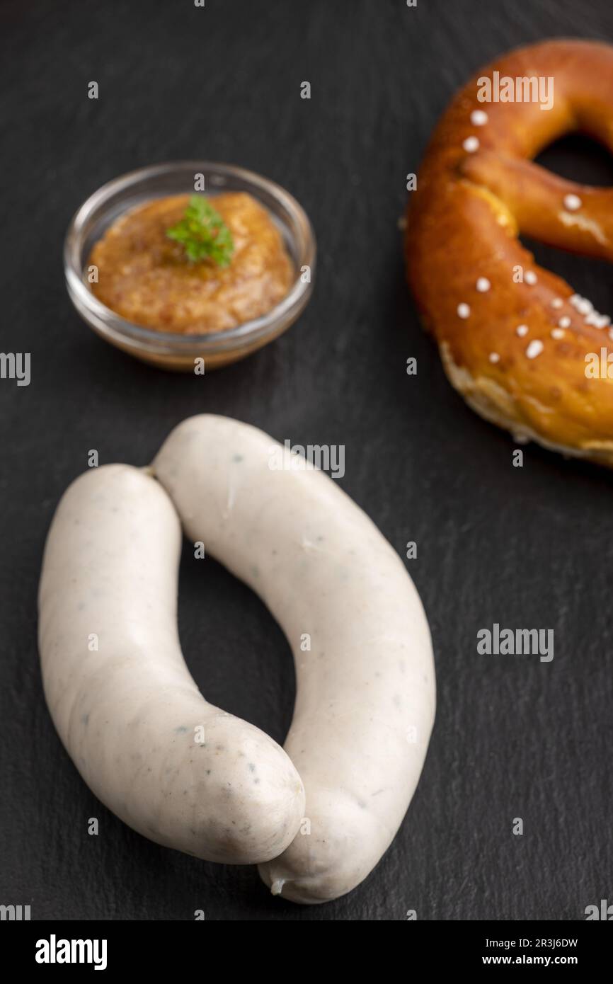 Bavarian veal sausage with mustard Stock Photo