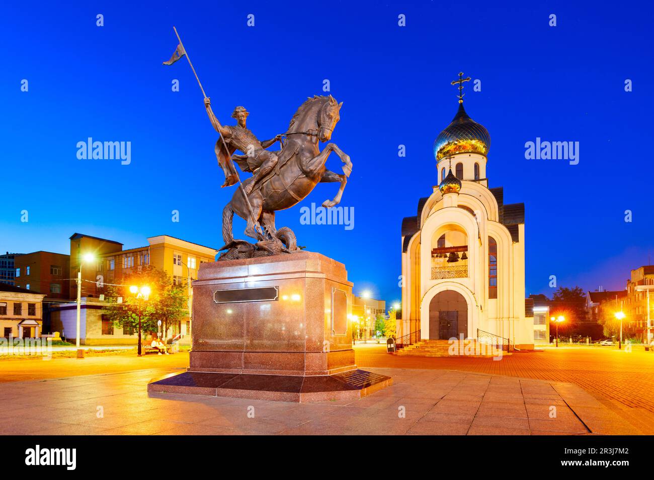 Church of St. George and The Icon of Our Lady Perishing at the Victory Square in Ivanovo city, Golden Ring of Russia at night Stock Photo