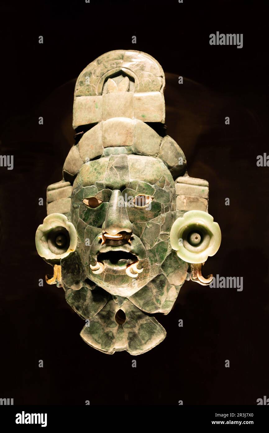 Jade funeral mask of ruler from Calakmul 600-750 AD, museum of Mayan Archaeology, Campeche city, Mexico Stock Photo