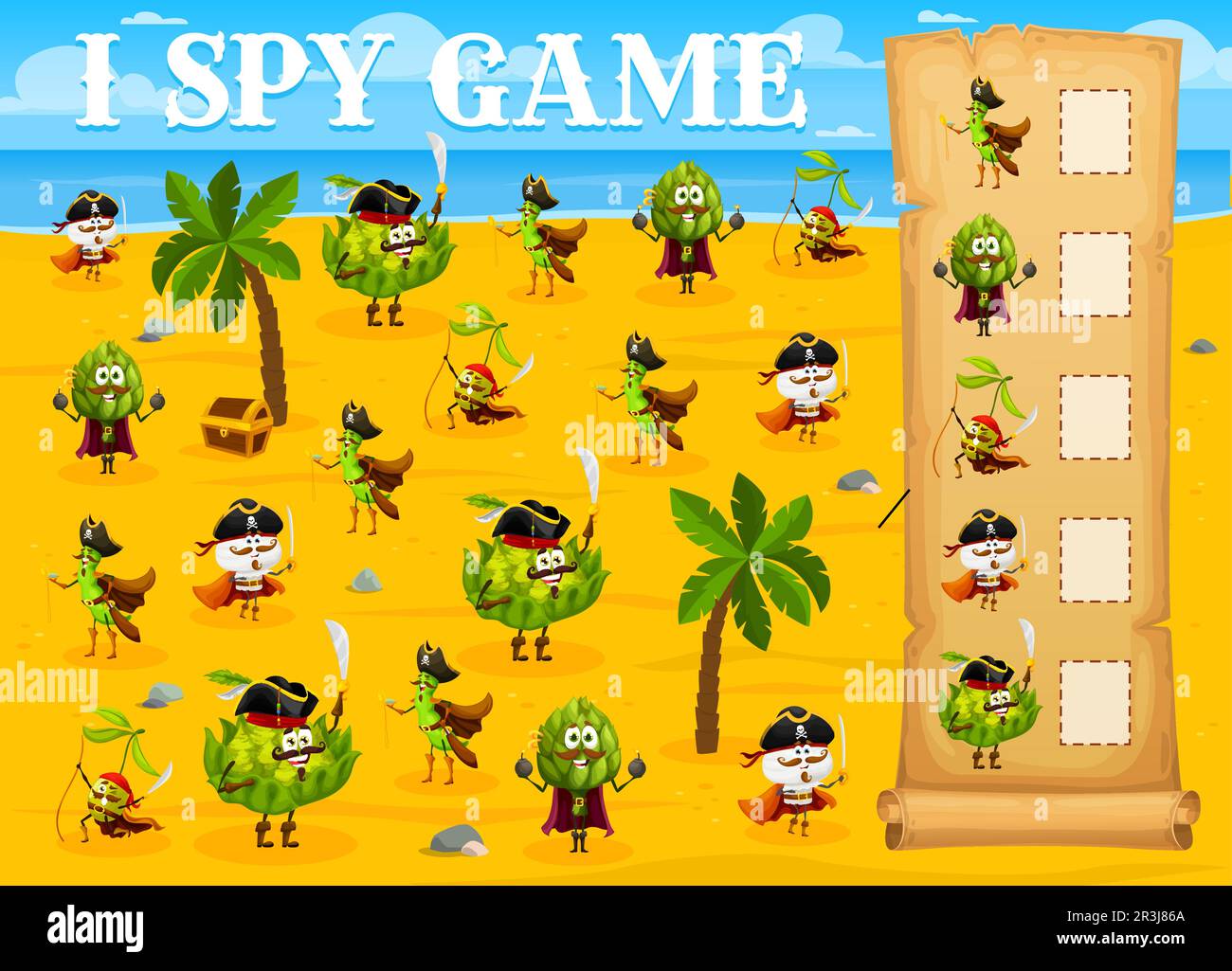I spy game worksheet, cartoon vegetable pirates and corsairs characters