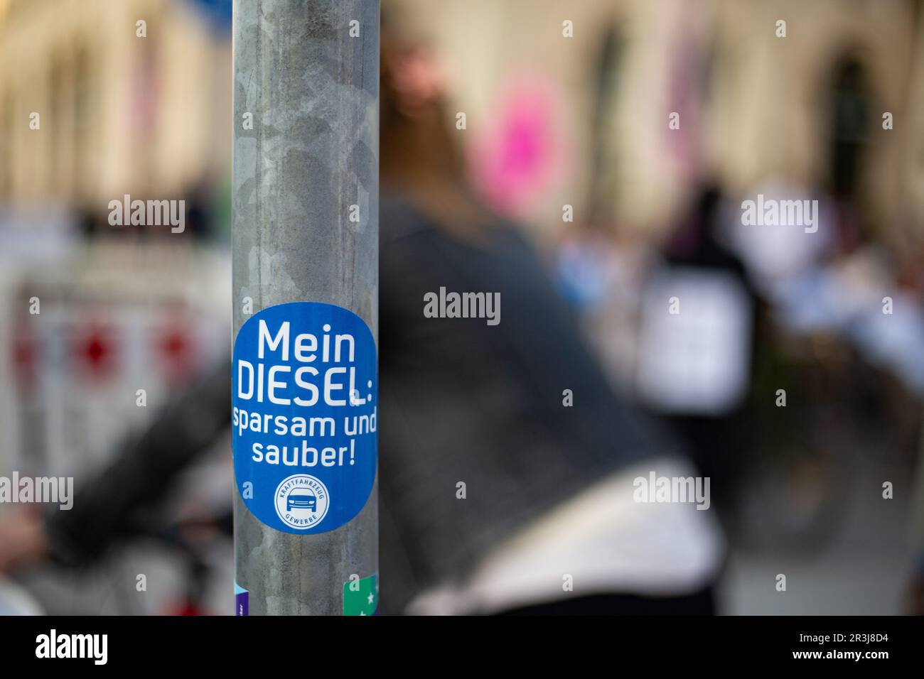 Sticker: ' My Diesel car is fuel efficient and clean! ' 19 activists of Extinction Rebellion ( XR ) demonstrated on May 22nd, 2023 in Munich, Germany to draw attention on the mass extinction of plant and animal species. (Photo by Alexander Pohl/Sipa USA) Stock Photo