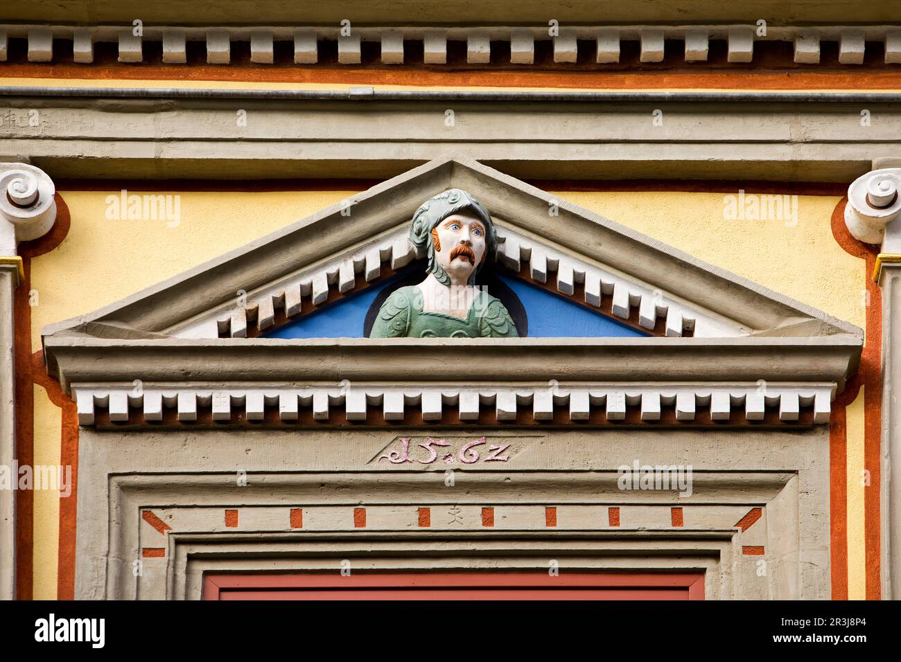 A so-called gaff head on the facade of the House of the Red Ox, Renaissance, Erfurt, Germany Stock Photo