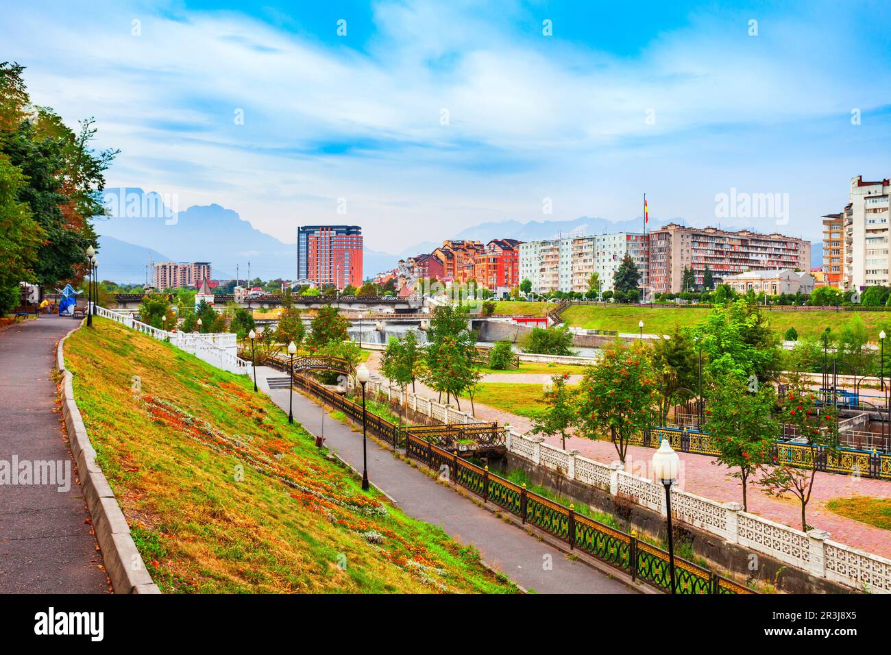 Terek river embankment in the centre of Vladikavkaz city, North Ossetia-Alania, Russia Stock Photo