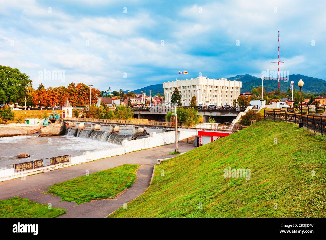 City administration building at the Terek river embankment in the centre of Vladikavkaz city, North Ossetia Alania, Russia Stock Photo