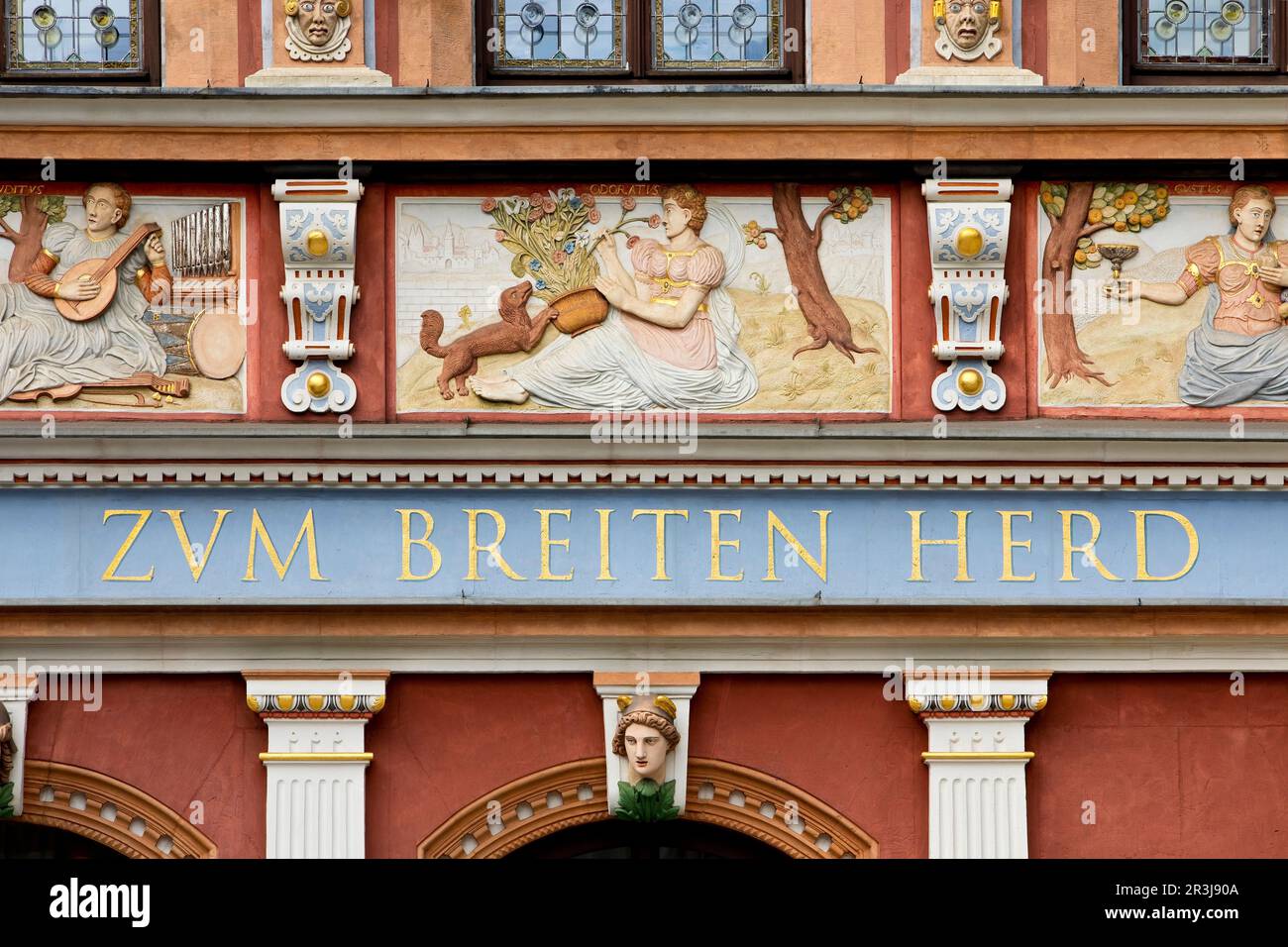 Magnificent facade decorations on the Haus zum Breiten Herd, Renaissance town house, Erfurt, Germany Stock Photo
