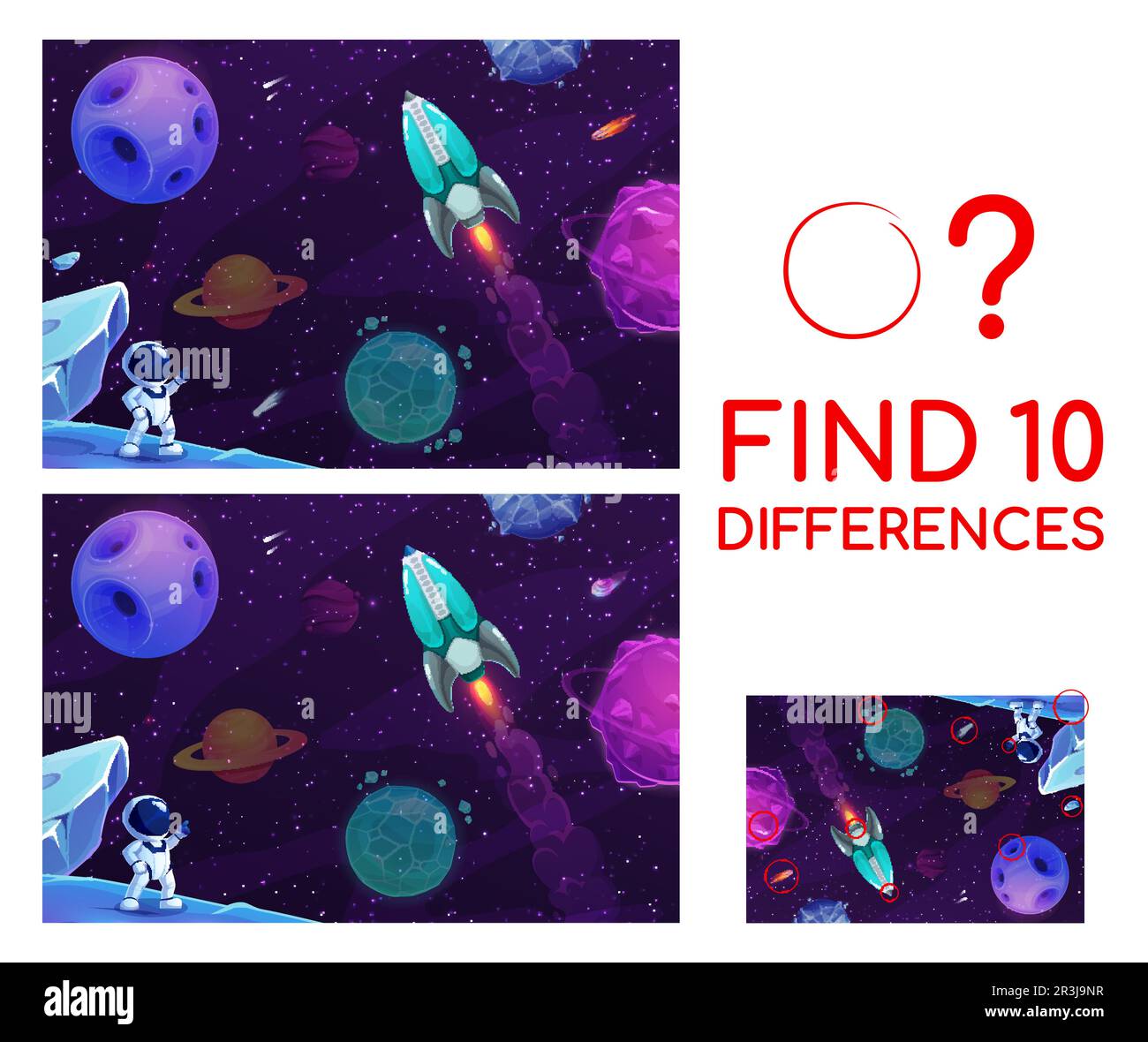 Find ten differences on galaxy space landscape matching game vector worksheet. Kids puzzle quiz
