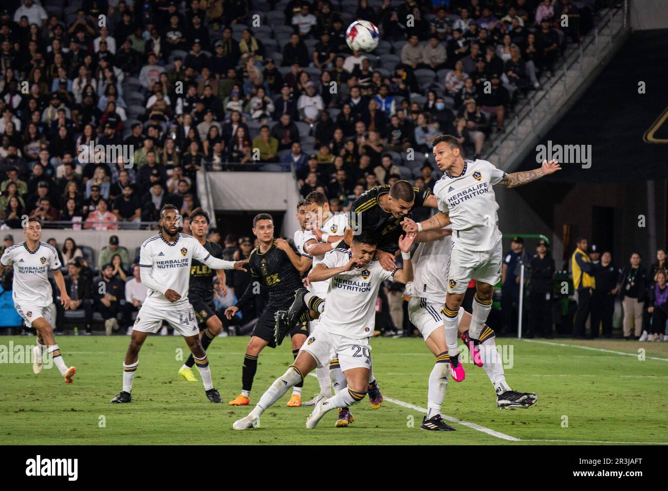 Los Angeles, United States. 23rd May, 2023. Los Angeles Galaxy defender Lucas Calegari (2) heads