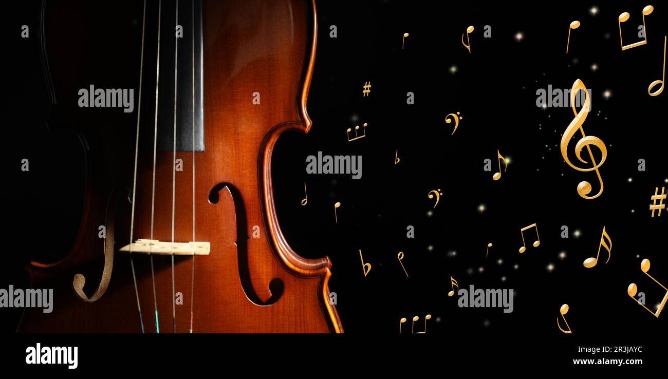 Violin, music notes and other musical symbols on black background