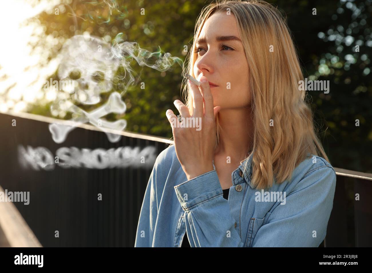 No Smoking. Woman with cigarette outdoors. Skull and crossbones symbol