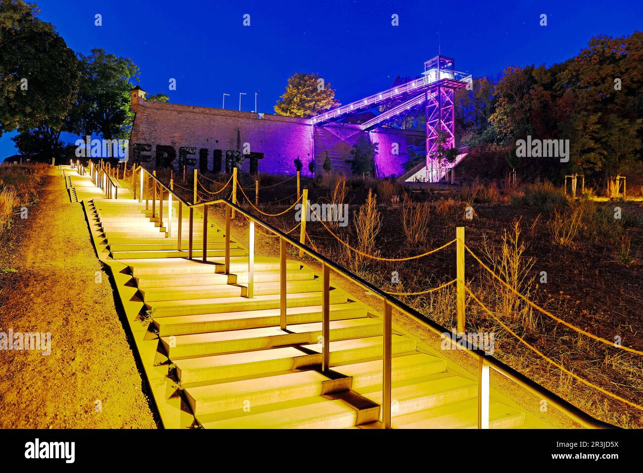 Panorama trail and lift to Petersberg in the blue hour, Erfurt, Thuringia, Germany, Europe Stock Photo