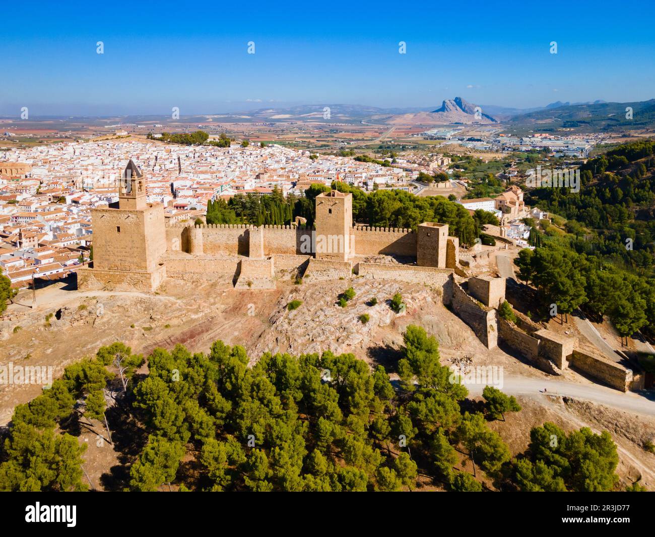 Alcazaba of Antequera aerial panoramic view. The Alcazaba of Antequera is a Moorish fortress in Antequera city in the province of Malaga, the communit Stock Photo