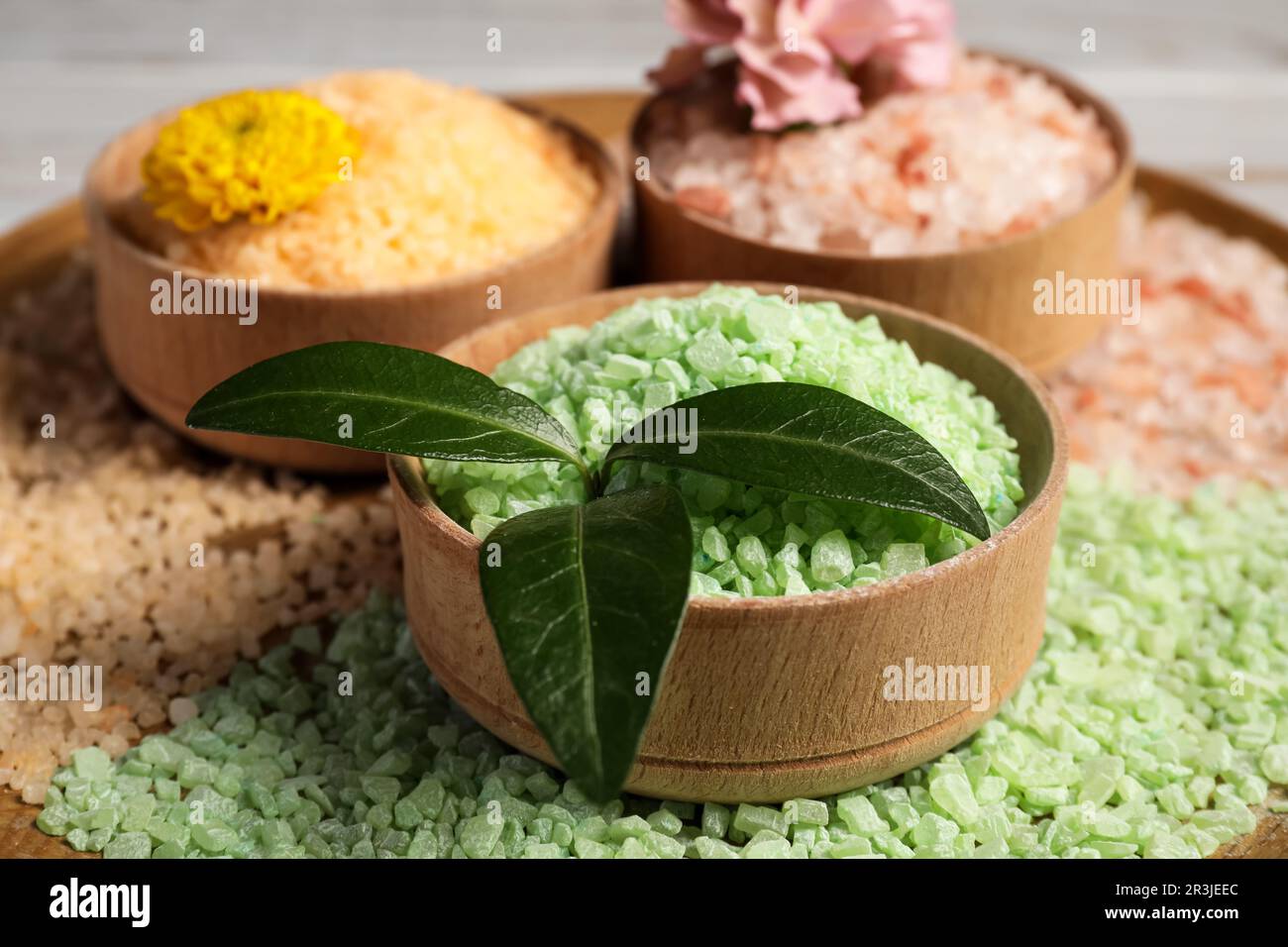 Different types of aromatic sea salt, closeup Stock Photo