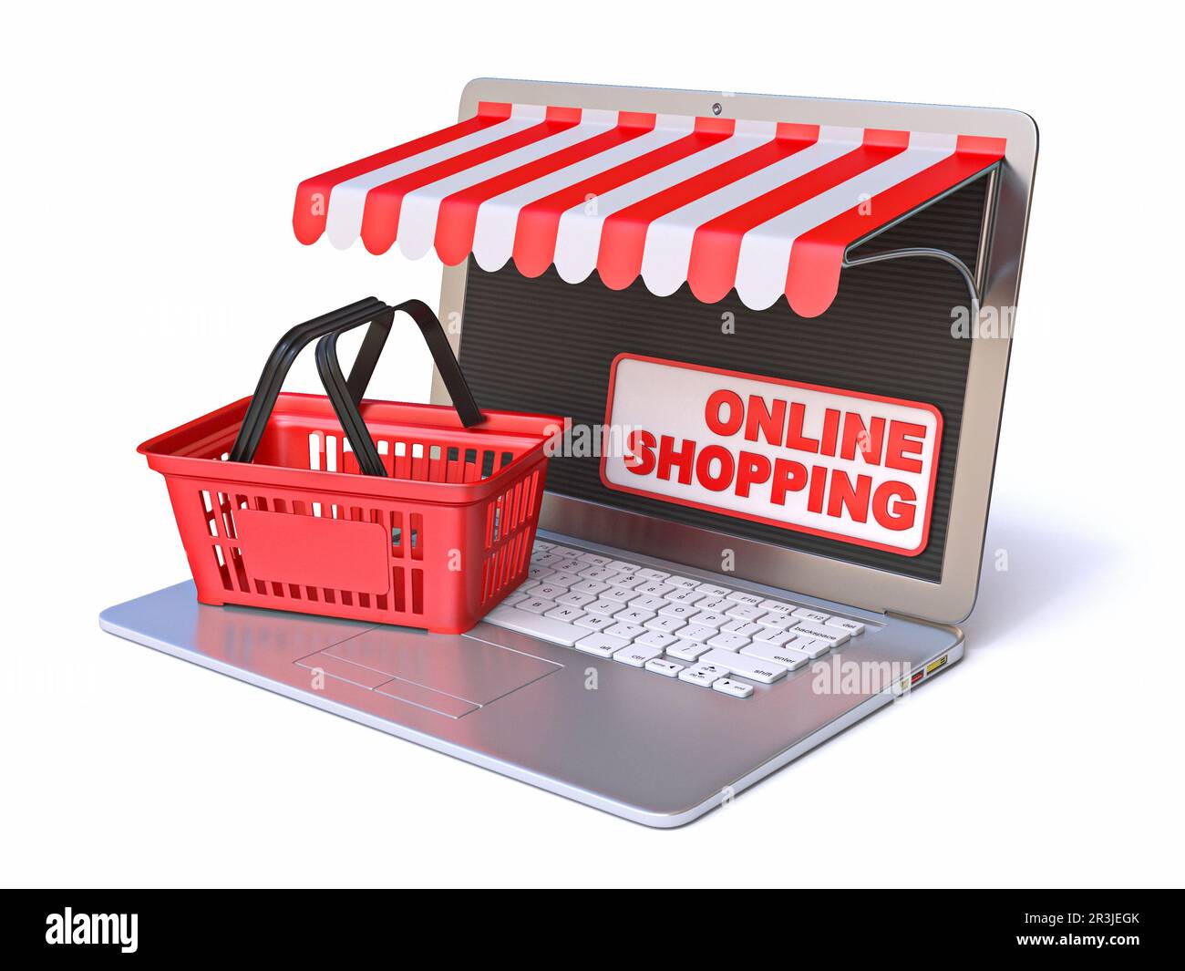 Red shopping basket with red white eaves on laptop 3D Stock Photo