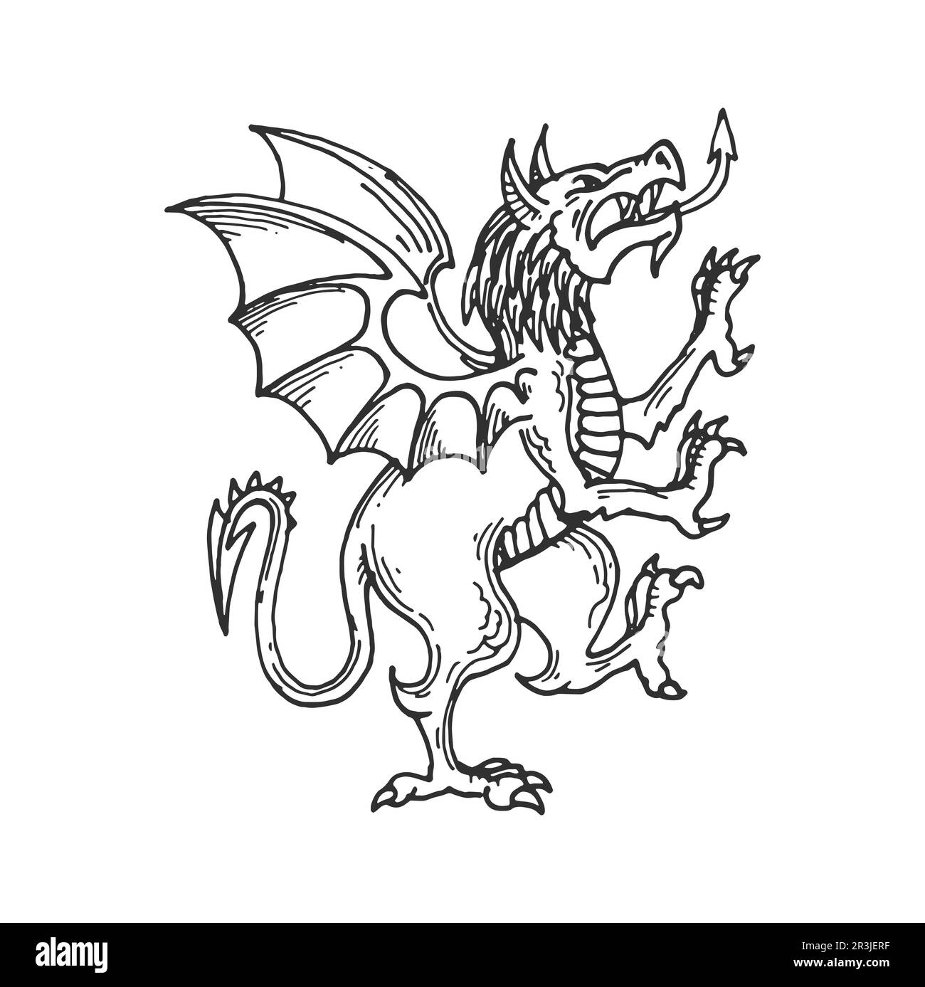 Heraldic Medieval dragon sketch, fantasy animal or mythic monster, vector heraldry symbol. Heraldic rampant dragon with wings and claws, Medieval fantasy creature beast for coat of arms or heraldry Stock Vector