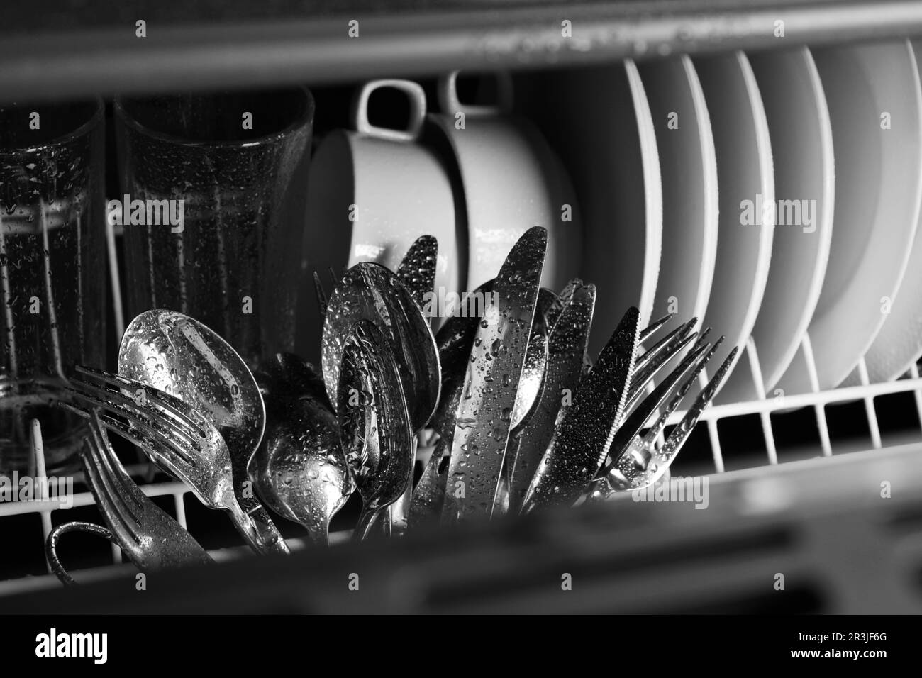 Set of clean wet tableware in dishwasher, closeup Stock Photo