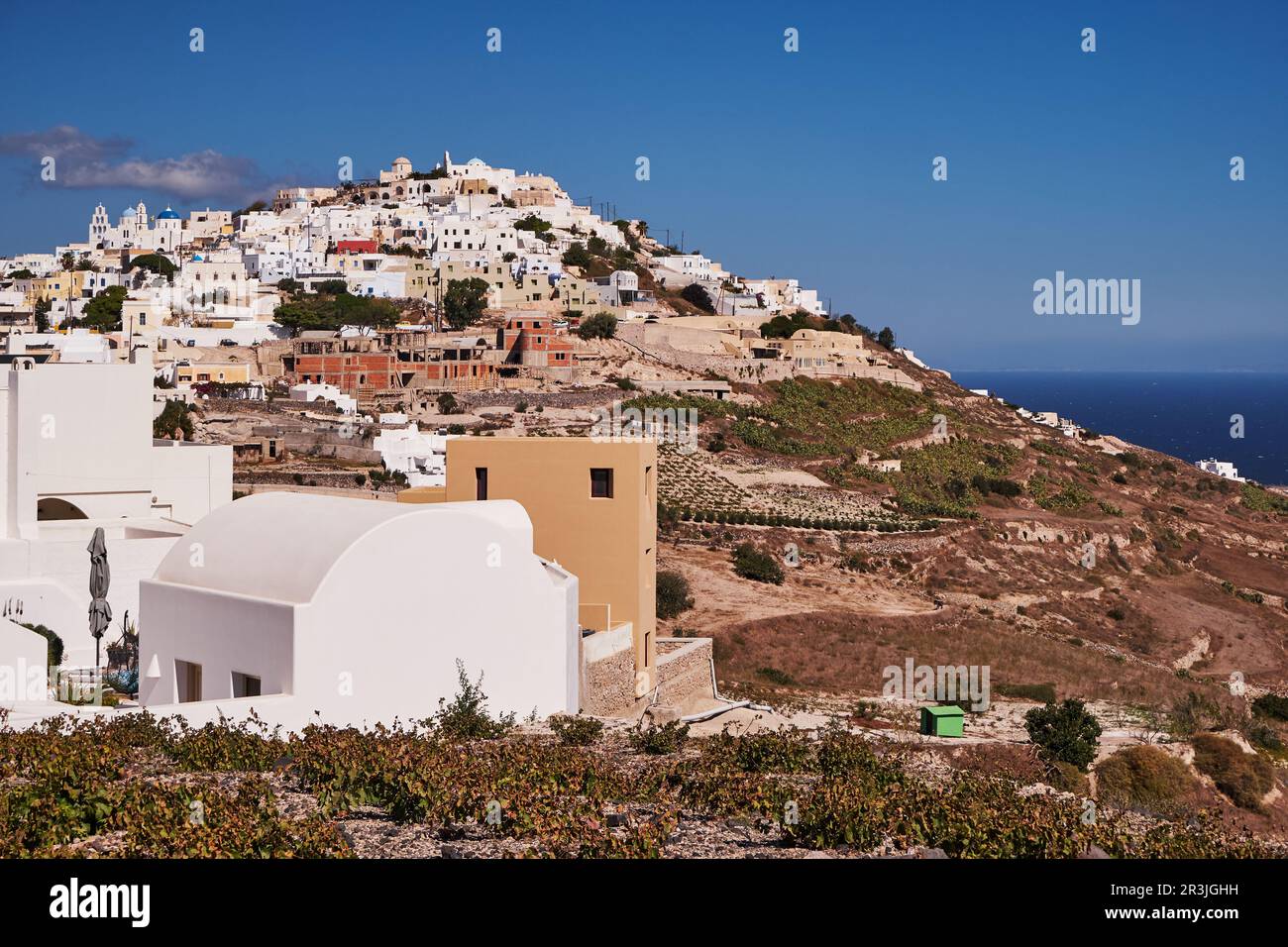 Panoramic Aerial View of Pyrgos Village in Santorini Island, Greece
