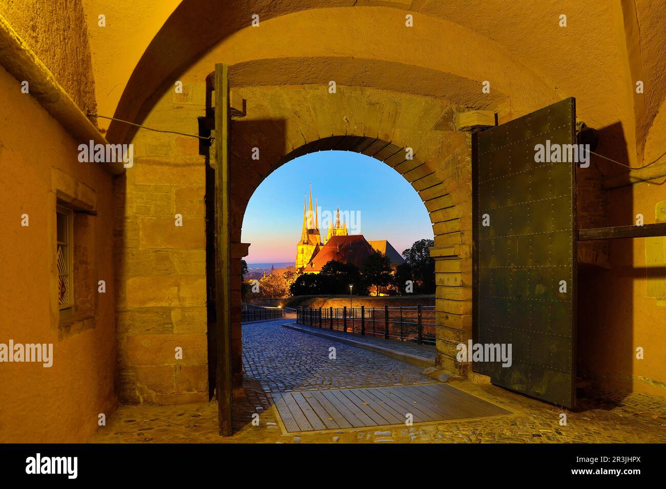 View through the Peterstor of the Petersberg Citadel to the Erfurt Cathedral, Erfurt, Germany Europe Stock Photo