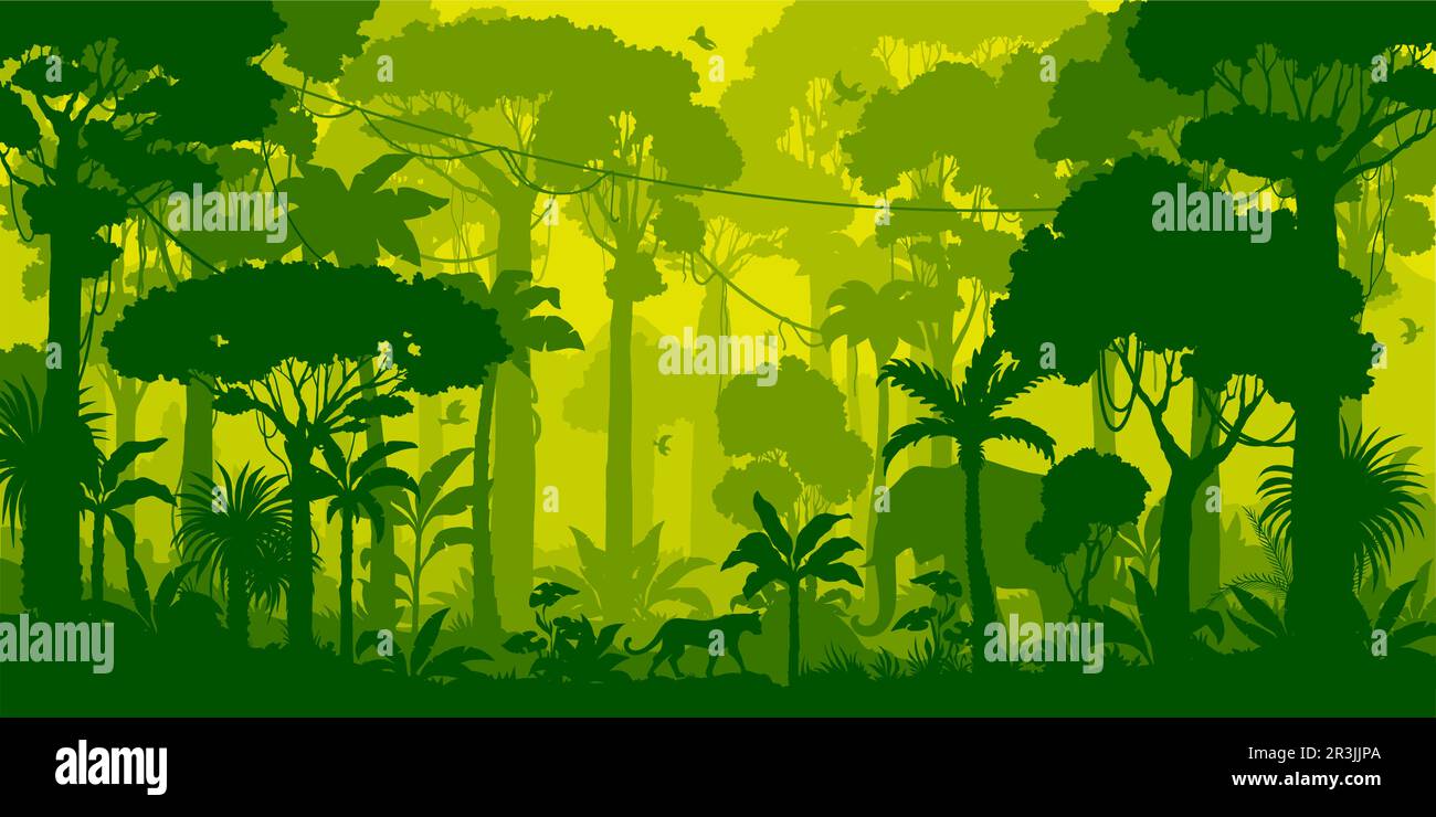 Jungle forest silhouette, rainforest background. Amazon forest scenery, african or Brazil jungle environment vector backdrop, wallpaper with palm trees, lianas, jaguar and elephant animals silhouettes Stock Vector