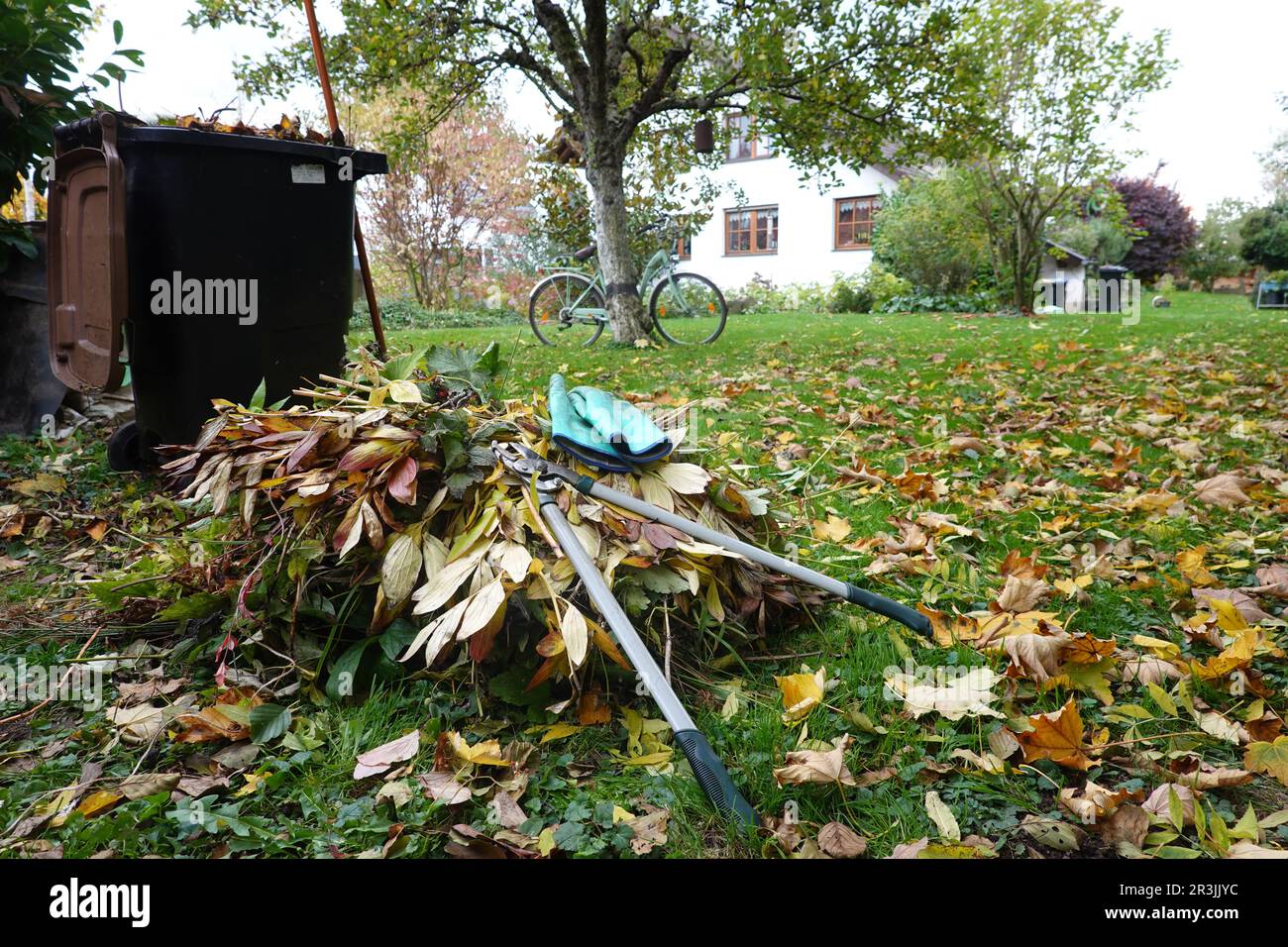 Organic waste garbage can and clippings on the lawn Stock Photo Alamy