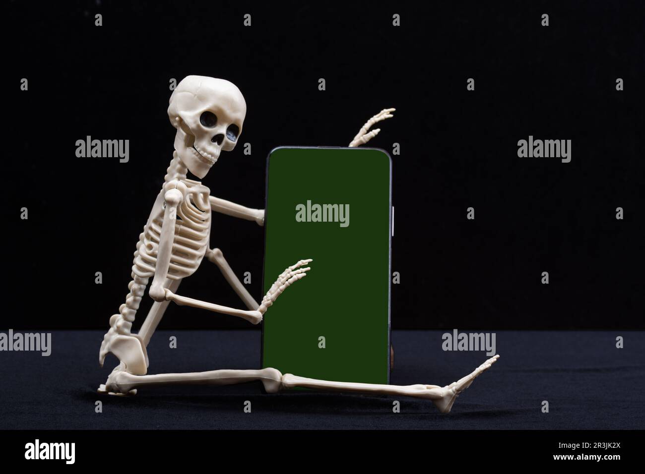 A seated skeleton is holding a smartphone with a green chromakey screen isolated on a black background, mockup, copy space. Halloween online. Online S Stock Photo