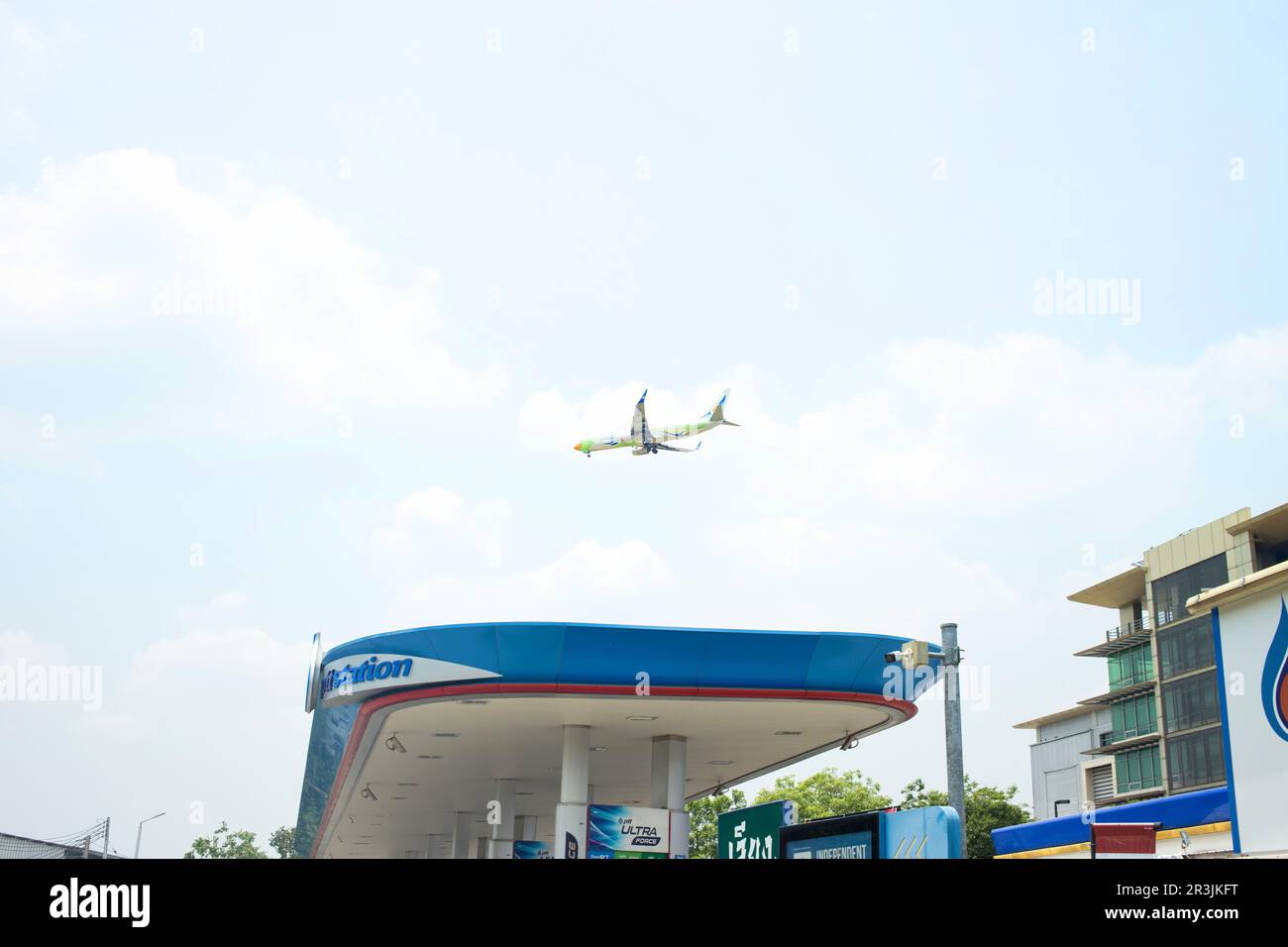 Pathum Thani, Thailand - April 8 2023: Airplane preparing for landing at Don Mueang International Airport in Pathum Thani. Stock Photo