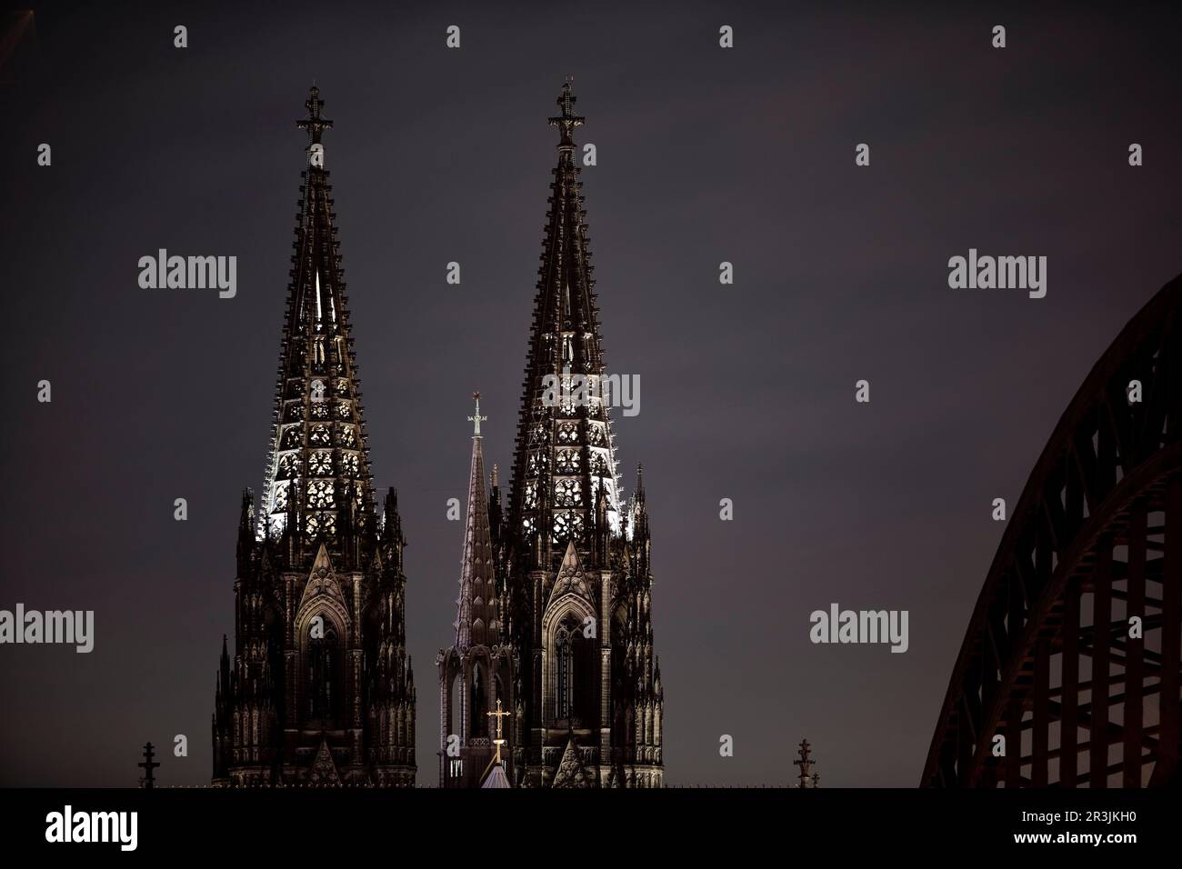 Saving energy, Cologne Cathedral with Hohenzollern Bridge dimly lit, Cologne, Germany, Europe Stock Photo