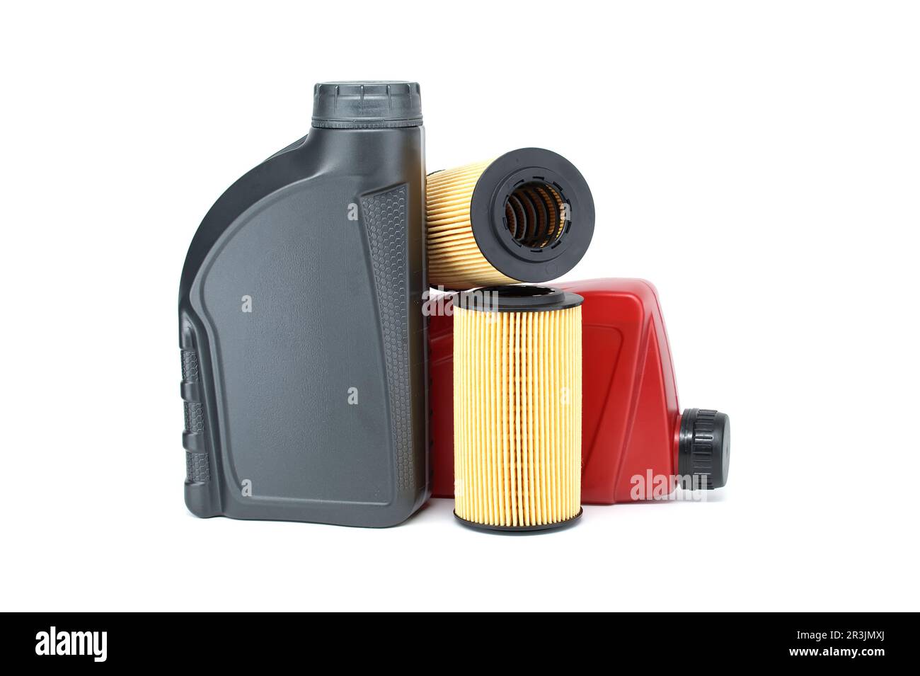 Motor oil filters elements oil and containers isolated on a white