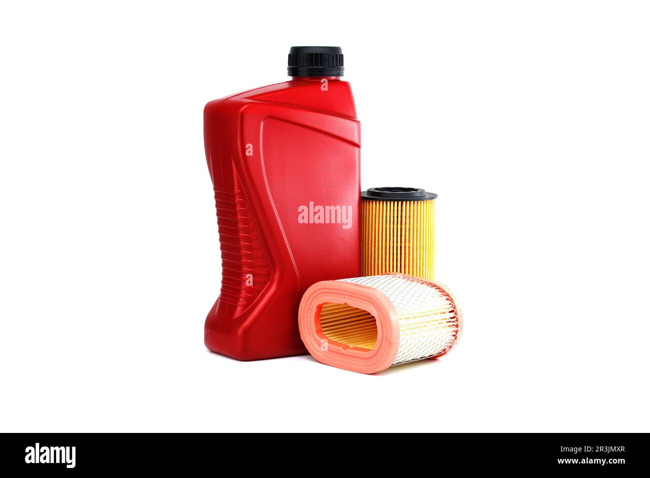 Car oil filters elements and motor oil can isolated on a white