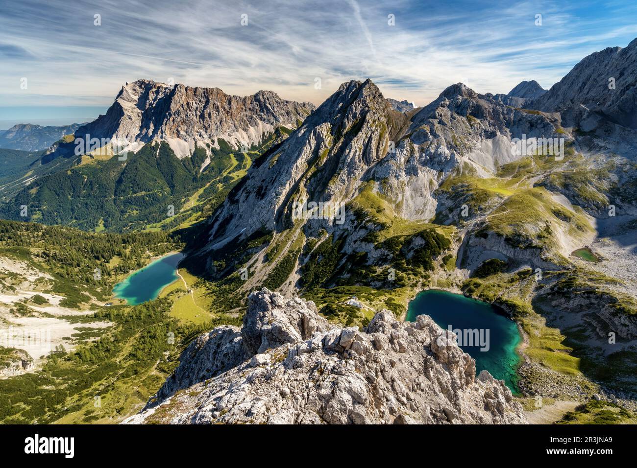 View from Mountain Drachenkopf with view of Mountain Zugspitze, Lake ...