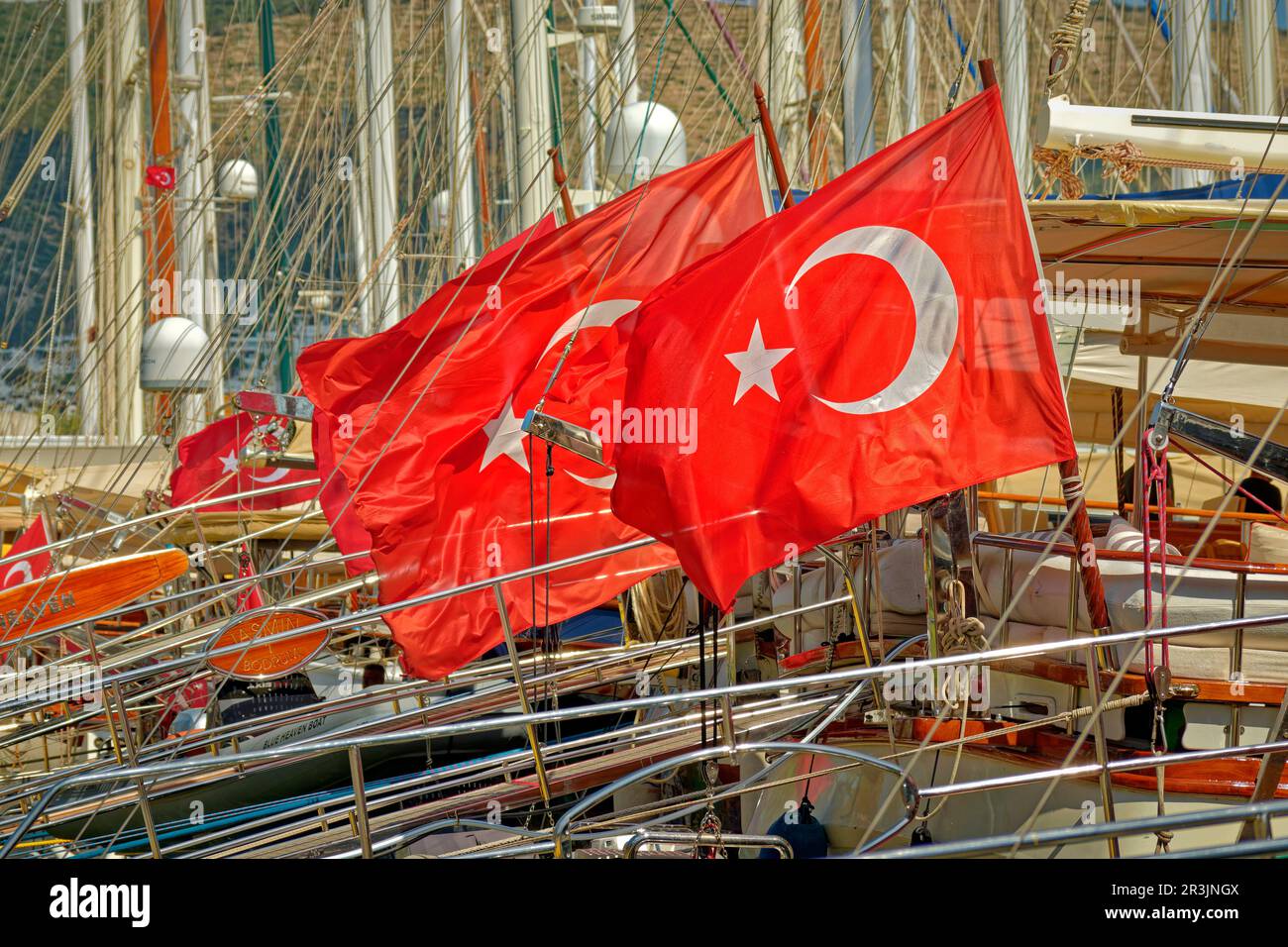 Turkish Flag with crescent and star used on boats and ships as the turkish marine ensign. Stock Photo