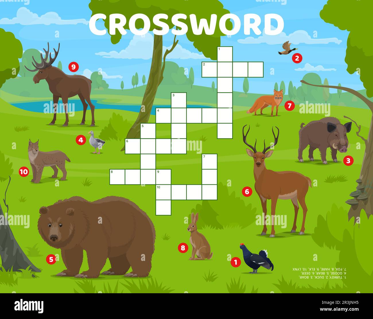Crossword quiz game grid. Cartoon hunting forest animals and birds. Educational vector worksheet for children with turkey, duck, boar and goose, bear, deer, fox, hare, elk and lynx in summertime wood Stock Vector