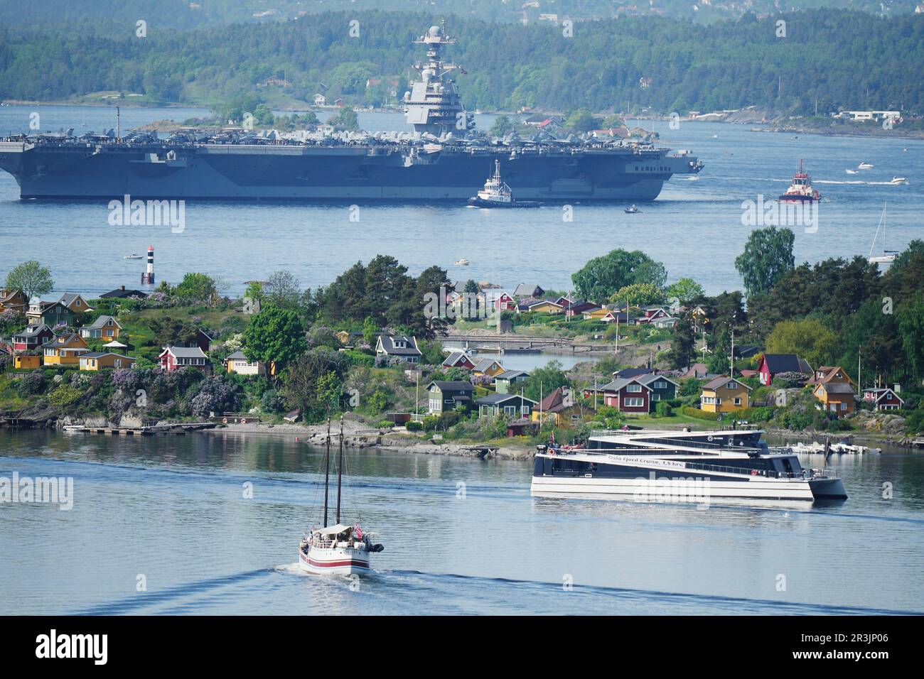 Oslo 20230524.The American aircraft carrier USS Gerald R. Ford in the Oslo Fjord, here seen from the Ekebergskrenten on Wednesday morning. The ship is the world's largest warship and will be in port in Oslo for four days Photo: Javad Parsa / NTB Stock Photo