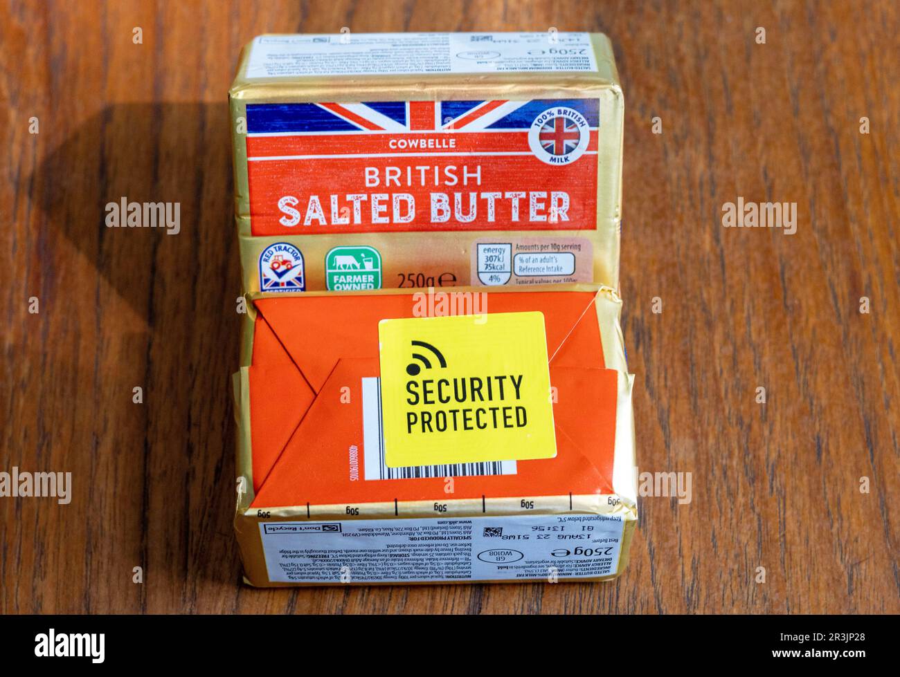 Pic shows: Food inflation  Aldi Cowbelle  British Butter now being security tagged  It costs £1.89  London woman was stopped at security after the but Stock Photo
