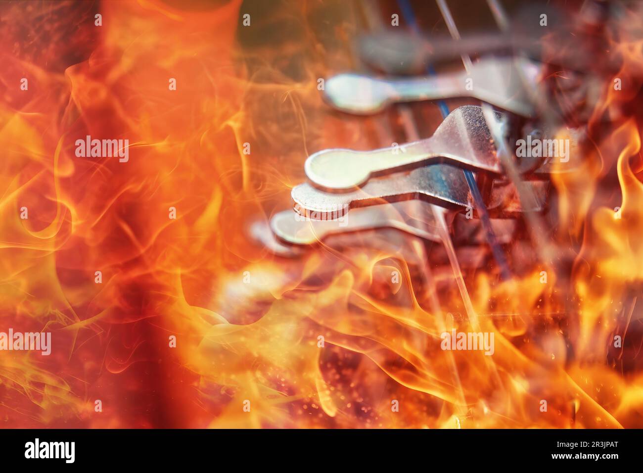 Irish harp music instrument closeup. Blur background. Fire effect Stock