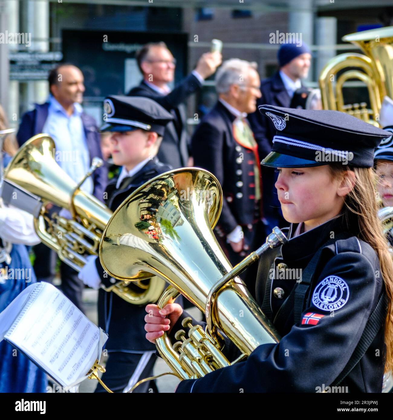 Sandnes, Norway, May 17 2023, Teenage Girls Marching Band Brass And