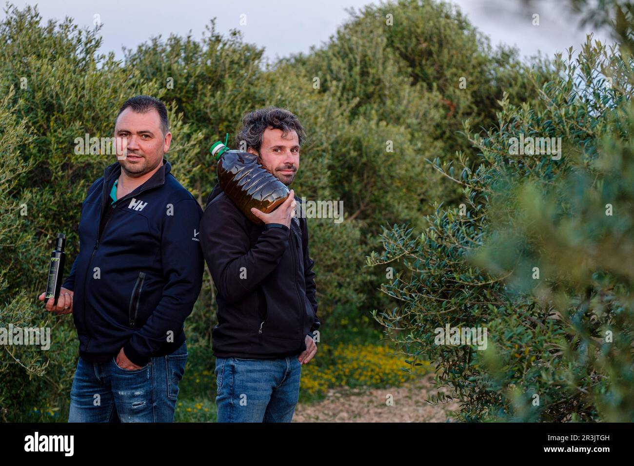 Mariano and Marcos Ribas, local oil producers, Formentera, Pitiusas Islands, Balearic Community, Spain. Stock Photo