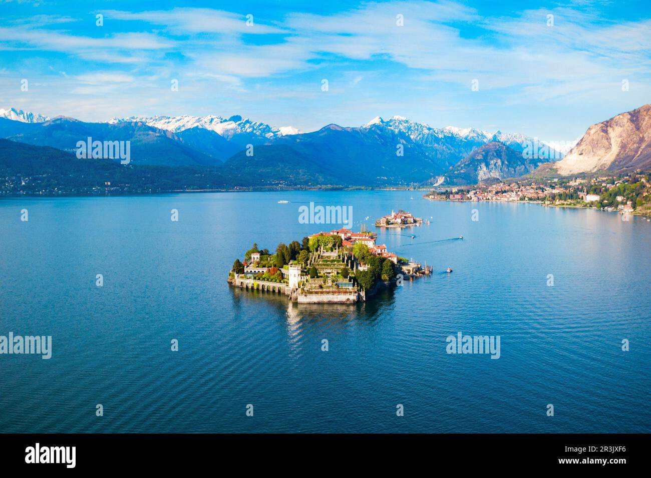 Isola Bella and Stresa town aerial panoramic view. Isola Bella is one