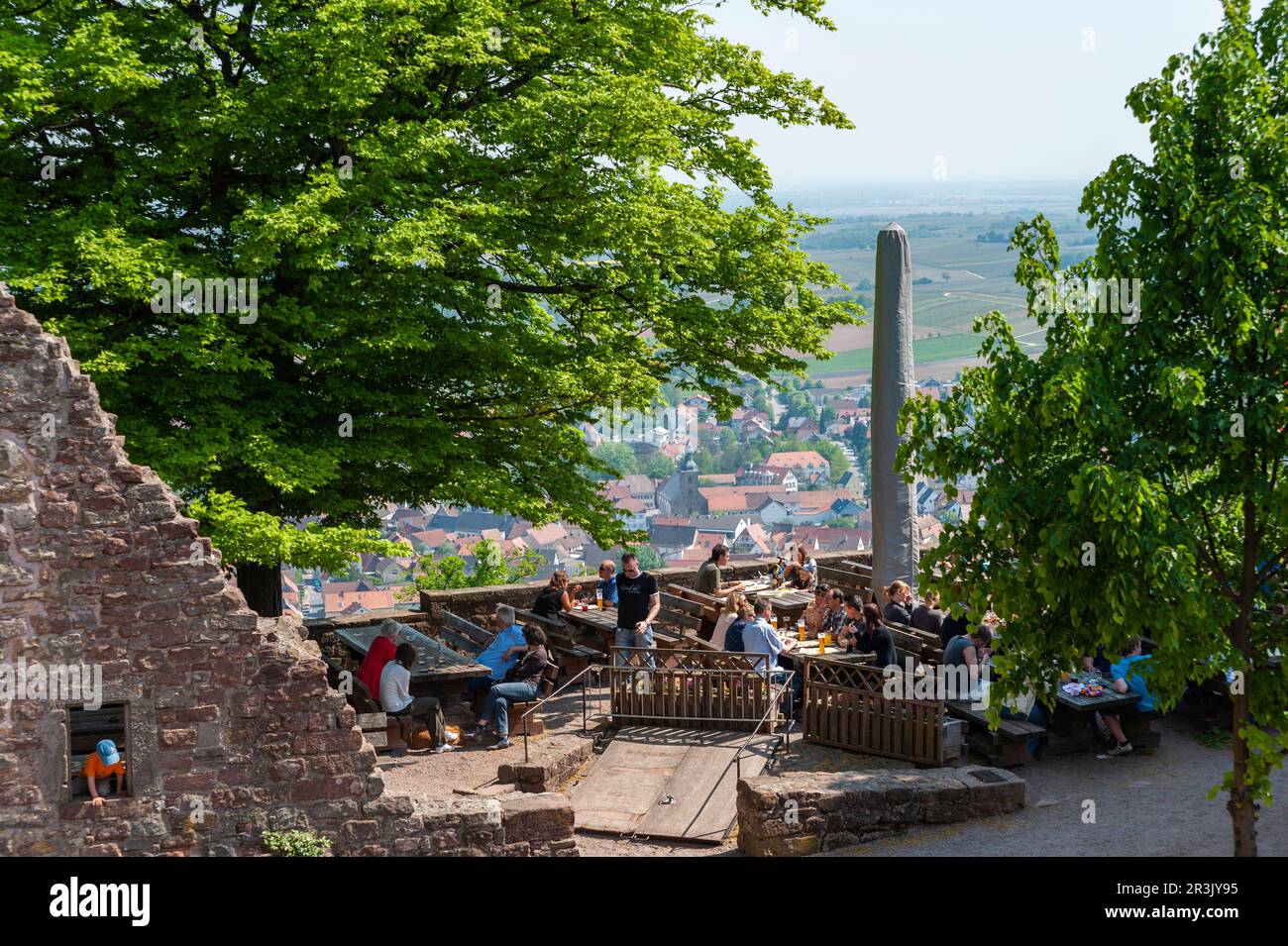 Beer garden in the castle yard of Landeck Castle, Klingenmuenster, Palatinate, Rhineland-Palatinate, Germany, Europe Stock Photo