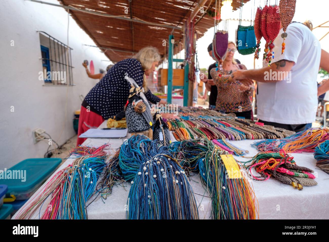 Mercadillo Hippie, Feria Artesal de La Mola, el Pilar de la Mola, Formentera, balearic islands, Spain. Stock Photo