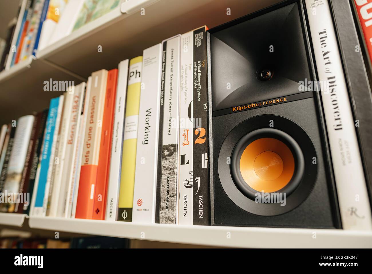 New York, USA Apr 18, 2023 Vitsoe 606 shelves with multiple design books and one Klipsch