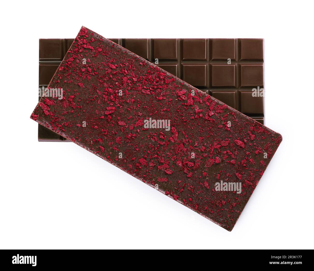 Chocolate bars with freeze dried berries on white background, top view ...