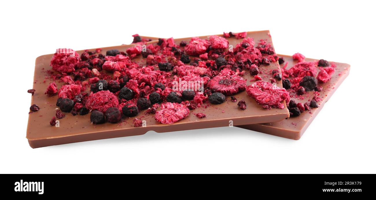 Chocolate bars with freeze dried berries on white background Stock ...