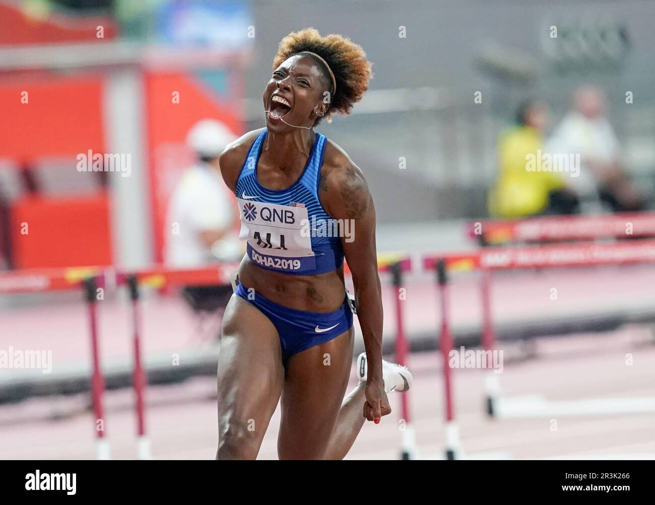 Nia Ali winning the 100m hurdles at the 2019 World Athletics