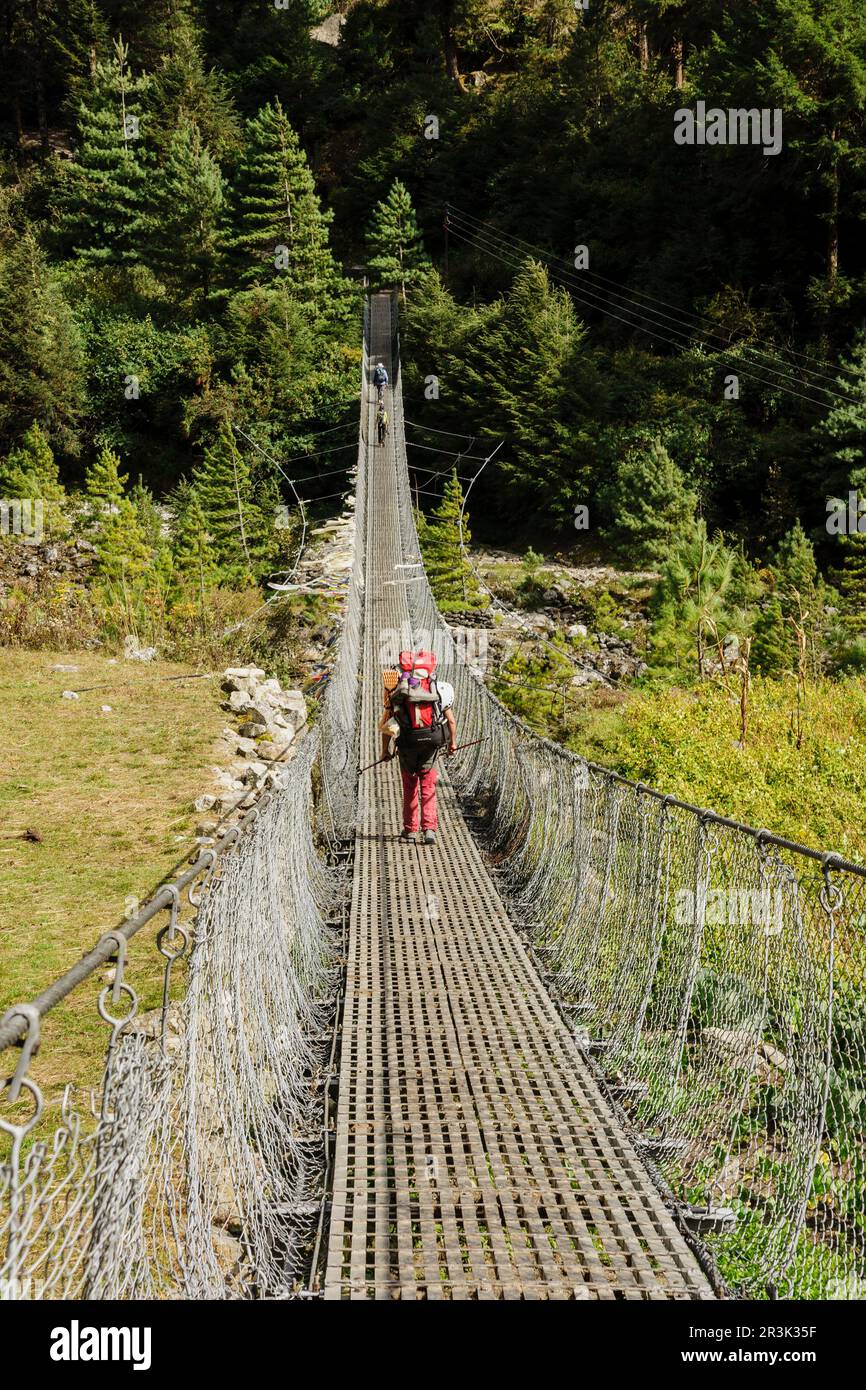 puente colgante sobre Phakding khola.Sagarmatha National Park, Khumbu Himal, Nepal, Asia. Stock Photo