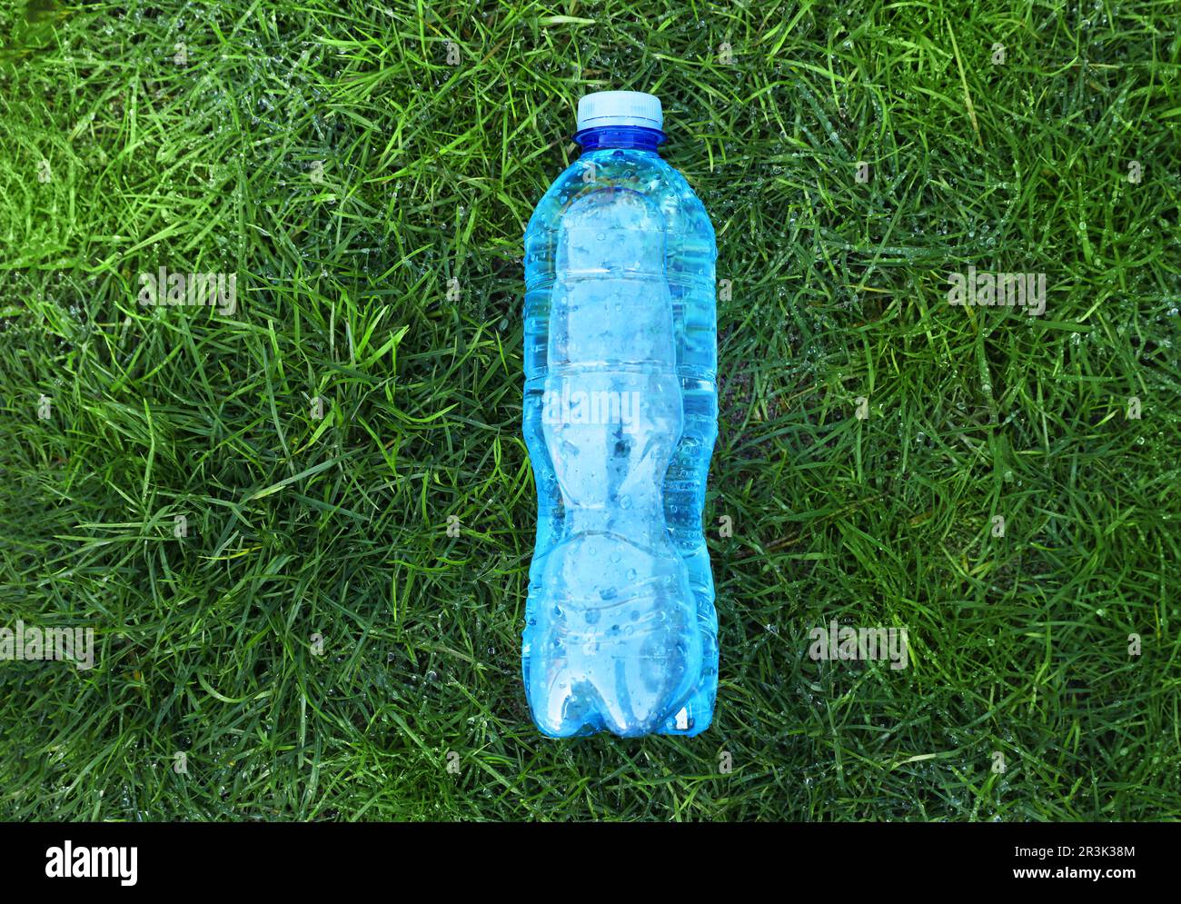 Plastic bottle of water on green grass outdoors, top view Stock Photo ...