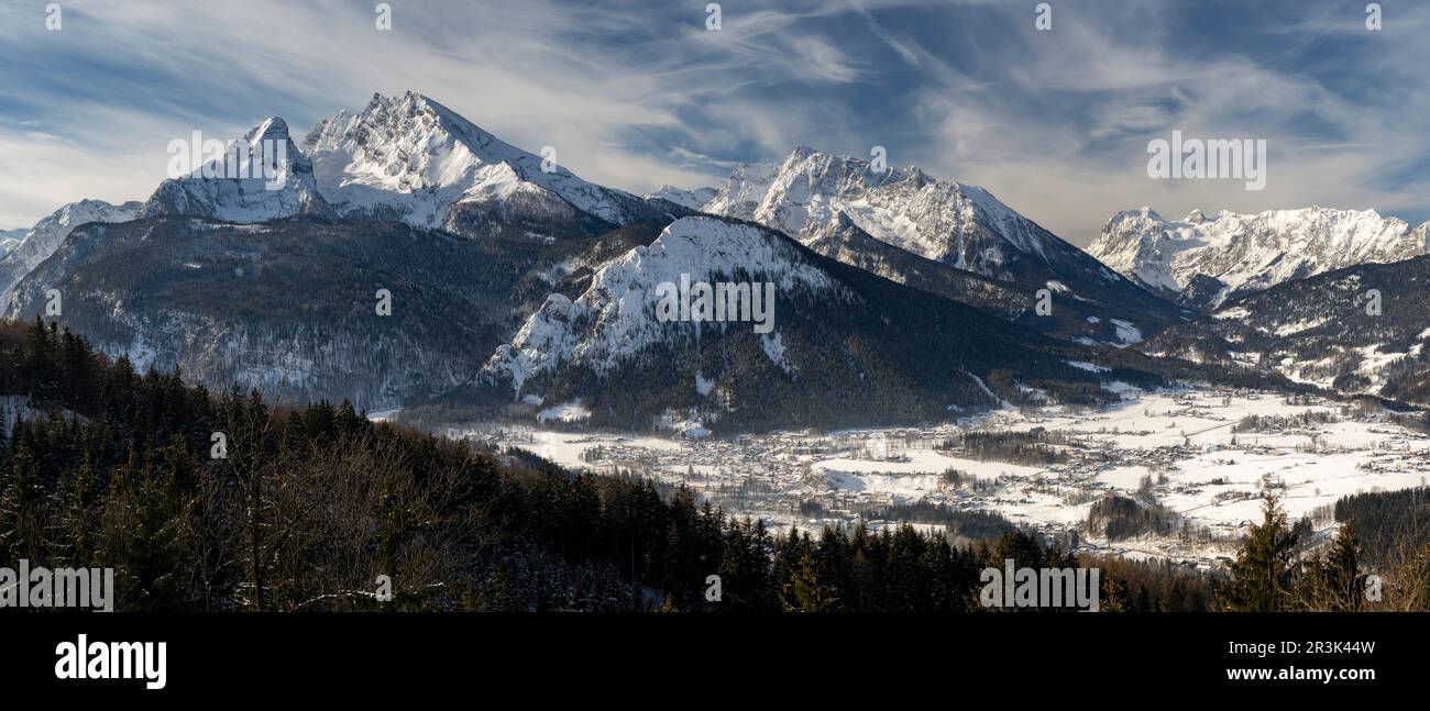 Mountain Panorama with Watzmann in National Park Bechtesgadener Land with snow in winter Stock Photo