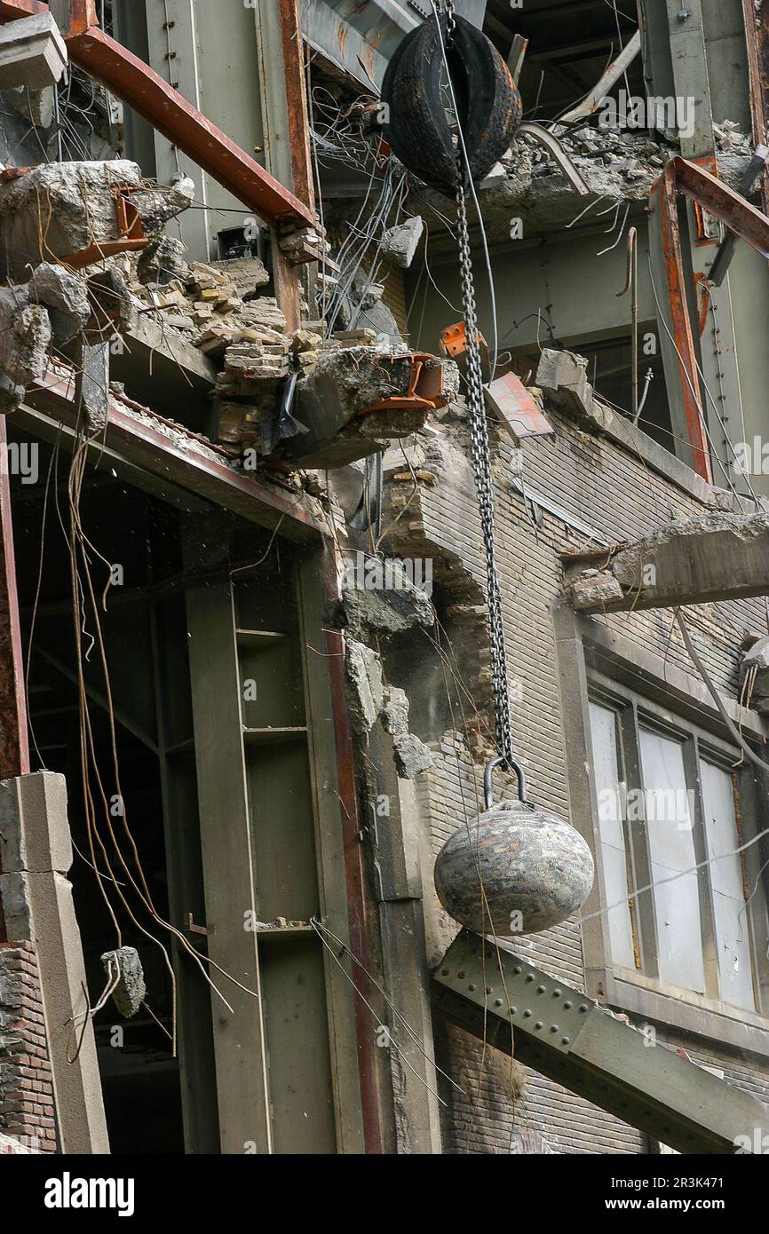 Netherlands, Utrecht. Demolition of power plant with a wrecking ball. Stock Photo