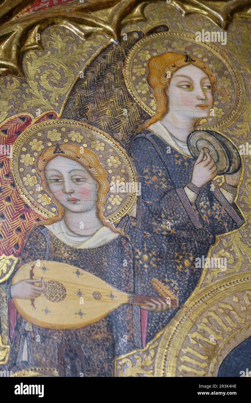 angels with lute and angel with cymbals, Mother of God of humility with musical angels altarpiece, Francesc Comes, 1390-94, Parish of La Mare de Deu dels Angels, pollensa museum, Majorca, Balearic Islands, Spain. Stock Photo